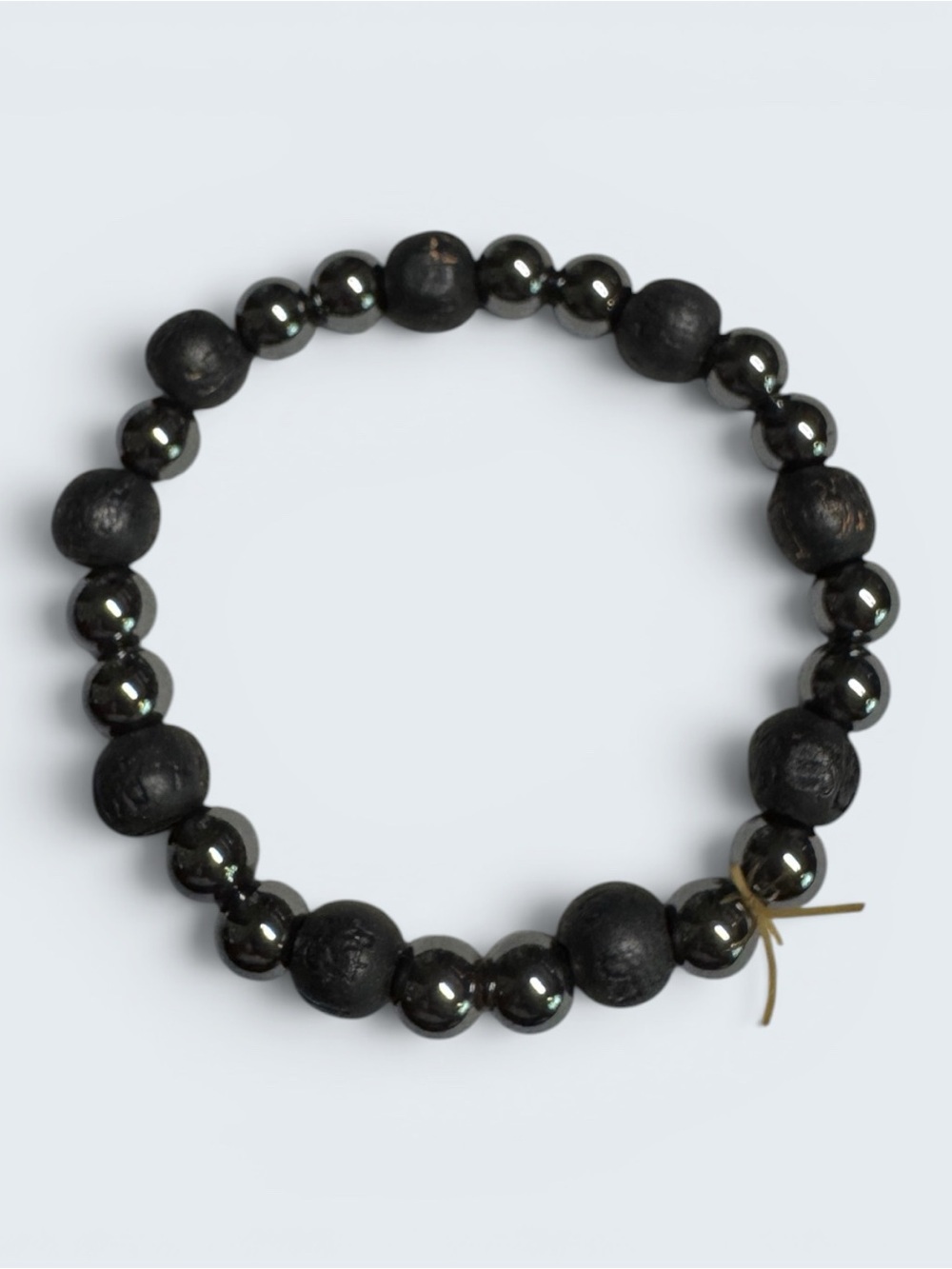 Black Carved Stone & Hematite Tone Bead Stretch Bracelet